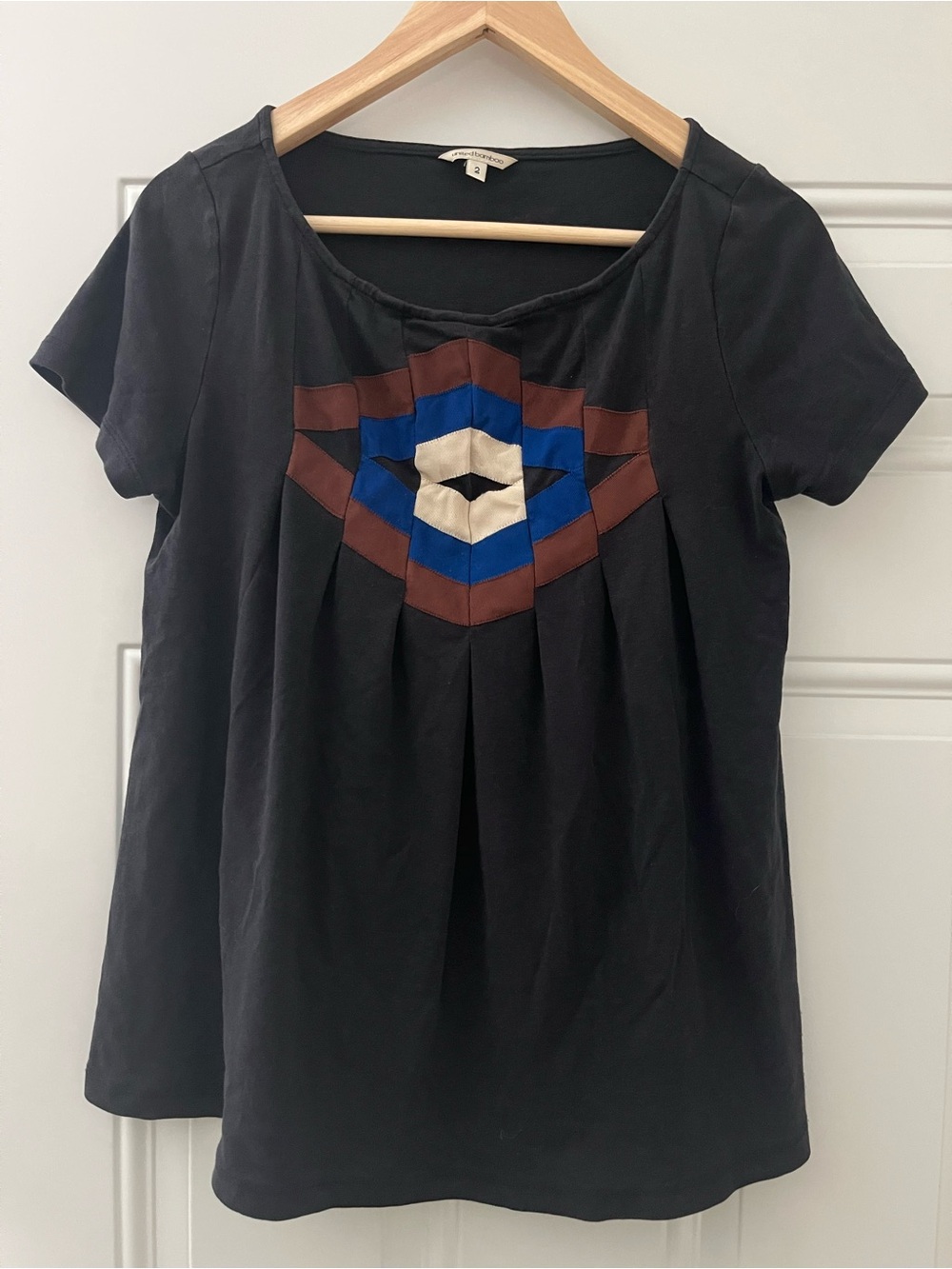 Navy Short Sleeve Top with Geometric Grosgrain Ribbon Appliqué